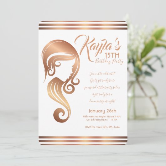 ローズゴールドビューティーガール ヘア&メイクサロン パーティー 招待状 (スタンド正面)
