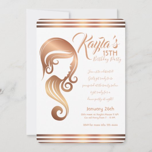 ローズゴールドビューティーガール ヘア&メイクサロン パーティー 招待状 (正面)