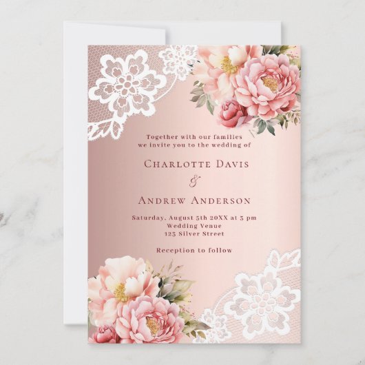 ローズゴールドピンクのフローラルレース結婚式 招待状 (正面)