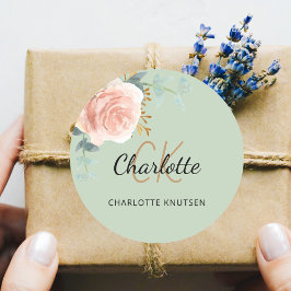 ローズゴールドピンクの花とセージグリーンの感謝 ラウンドシール