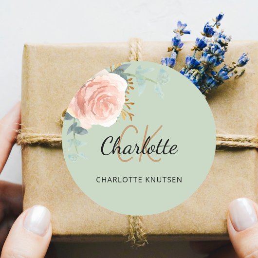 ローズゴールドピンクの花とセージグリーンの感謝 ラウンドシール