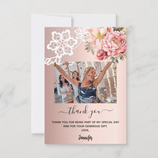 ローズゴールドピンクの花柄レース写真 サンキューカード (正面)