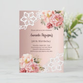 ローズゴールドピンクの花柄レース 50歳の誕生日 豪華 招待状 (スタンド正面)