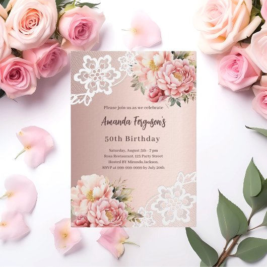 ローズゴールドピンクの花柄レース 50歳の誕生日 豪華 招待状