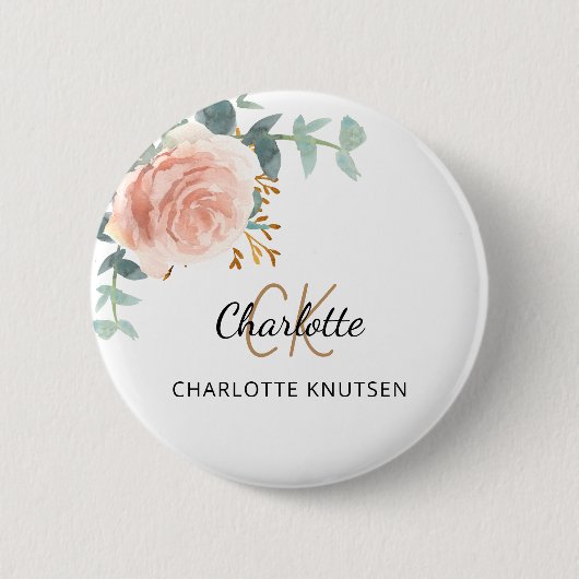 ローズゴールドピンクの花模様のユーカリの感謝メッセージ 缶バッジ (正面)