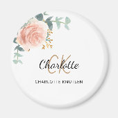 ローズゴールドピンクの花模様のユーカリ　ありがとうございます マグネット (正面)