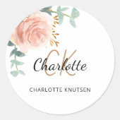 ローズゴールドピンクの花模様のユーカリ　ありがとう ラウンドシール (正面)