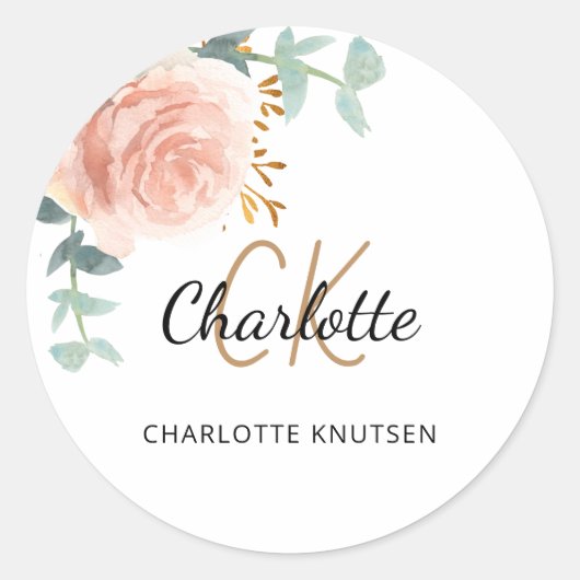 ローズゴールドピンクの花模様のユーカリ　ありがとう ラウンドシール (正面)