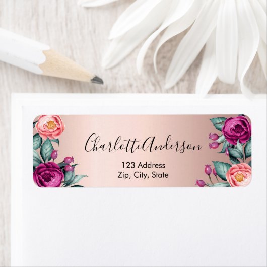 ローズゴールドピンクの花 紫の返送先住所 ラベル (インサイチュ)