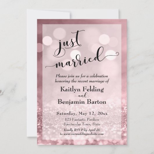 ローズゴールドピンクグリッター ボケ  私たち結婚しました 招待状 (正面)
