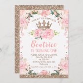 ローズゴールドピンクフラワープリンセスクラウン1歳誕生日 招待状 (正面/裏面)