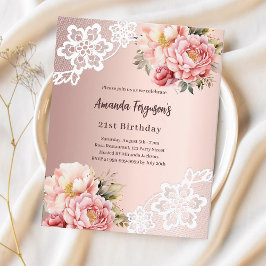 ローズゴールドピンクフローラルレース誕生日の招待状