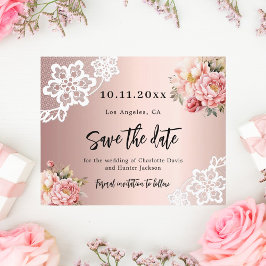 ローズゴールドピンクレースフラワーのウェディングSave the Date チラシ