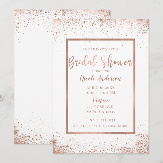 ローズゴールドピンク グラム モダン シック ブライダルシャワー 招待状 (正面/裏面)