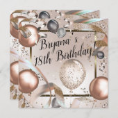 ローズゴールドピンク & グリッター風船 誕生日パーティー 招待状 (正面/裏面)