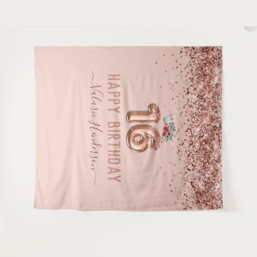 ローズゴールドピンク ハッピー16歳誕生日タペストリー タペストリー (正面(横))