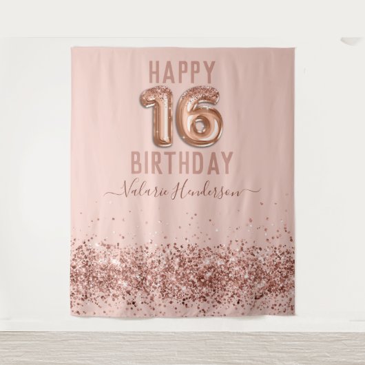 ローズゴールドピンク ハッピー16歳誕生日 タペストリー (正面)