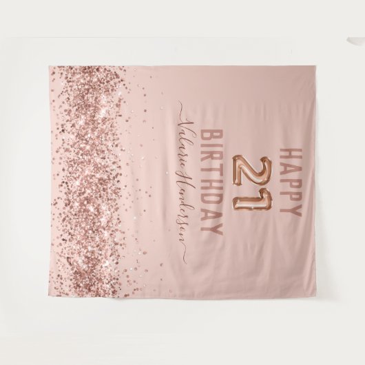 ローズゴールドピンク ハッピー21歳誕生日タペストリー タペストリー (正面(横))