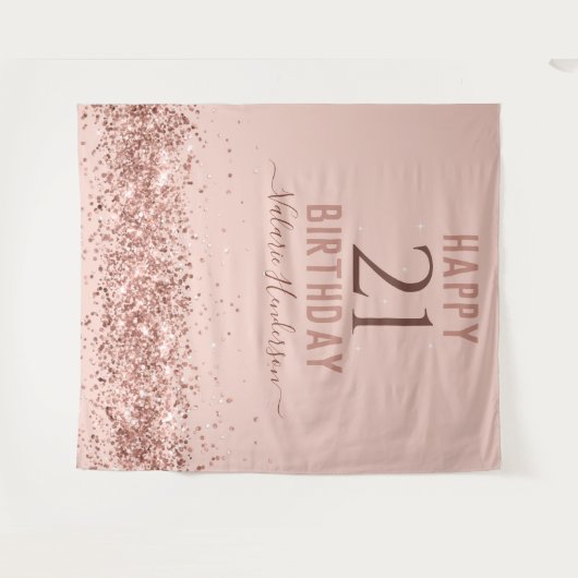 ローズゴールドピンク ハッピー21歳誕生日タペストリー タペストリー (正面(横))