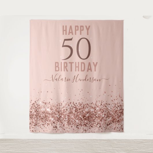 ローズゴールドピンク ハッピー50歳誕生日 タペストリー (正面)