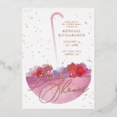 ローズゴールドフォイルフローラ傘ブライダルシャワー招待状 箔招待状 (正面)