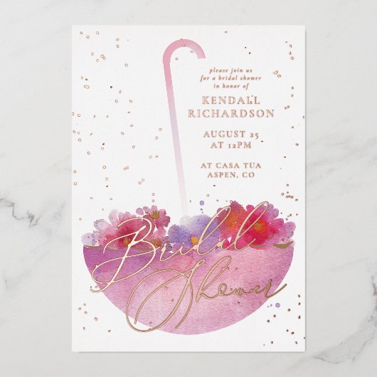 ローズゴールドフォイルフローラ傘ブライダルシャワー招待状 箔招待状 (正面)