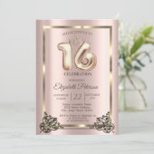 ローズゴールドフレーム、ボーダー、クラウン スイート16パーティー招待状 招待状 (スタンド正面)