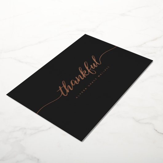 ローズゴールドブラックのThankful Script（感謝の言葉）ペアソナライズドカード 箔招待状 (回転した状態)