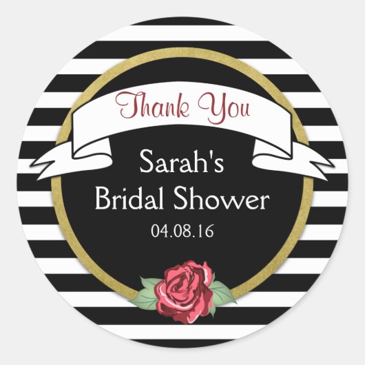 ローズゴールドブラックストライプブライダルシャワーありがとう ラウンドシール (正面)