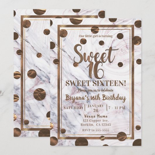 ローズゴールドマーブルブロンズ銅色Sweet+16パーティー 招待状 (正面/裏面)