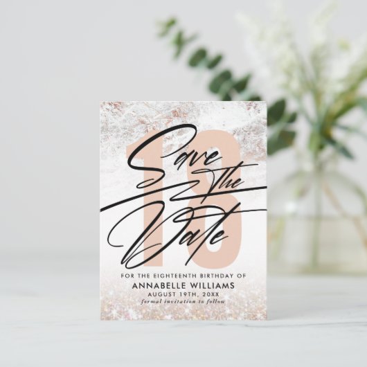 ローズゴールドマーブル 18歳の誕生日パーティー 保存日付 ポストカード (スタンド正面)