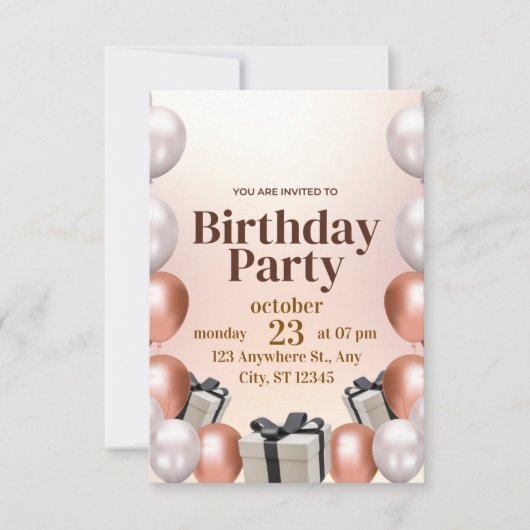 ローズゴールドモダン誕生日パーティー招待状 招待状 (正面)