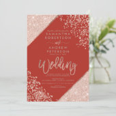 ローズゴールドラメコンフェッティおしゃれな赤い結婚式 招待状 (スタンド正面)