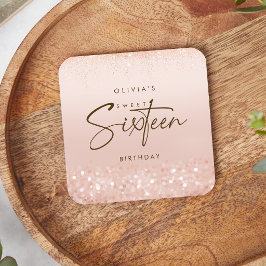 ローズゴールドラメ Sweet 16 誕生日パーティー スクエアペーパーコースター