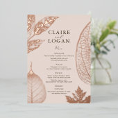 ローズゴールドリーフピンクベージュ結婚式メニューカード 箔招待状 (立ち正面)
