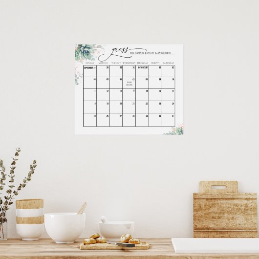 ローズゴールドリーフ多肉植物出産予定日カレンダー ポスター (キッチン)