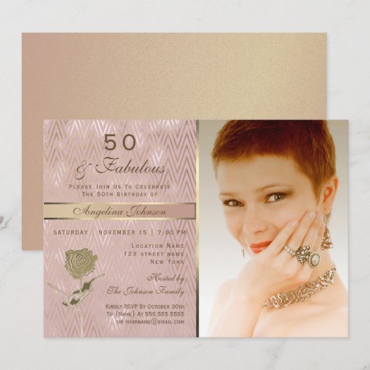 ローズゴールド写真 50歳の誕生日 招待状 (正面/裏面)