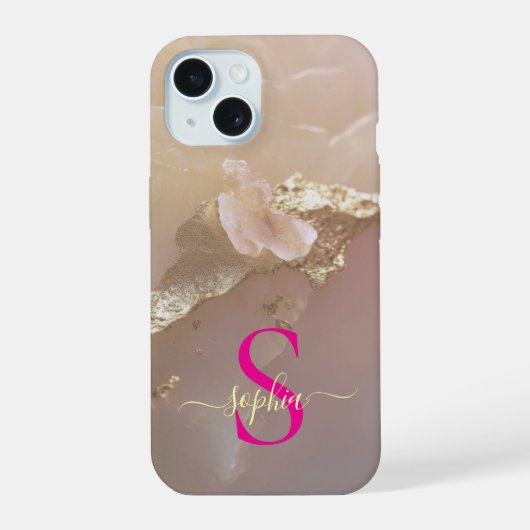 ローズゴールド大理石ゴールドラメモノグラム iPhone 15ケース (裏面)