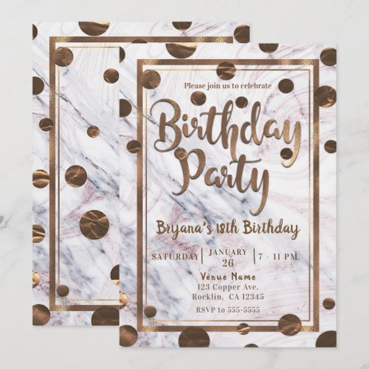 ローズゴールド大理石ブロンズ銅の誕生日パーティー 招待状 (正面/裏面)