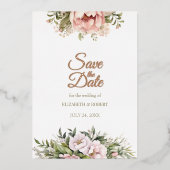 ローズゴールド箔押しピンクバラとアイボリーペオニーのSave the Date 箔招待状 (正面)