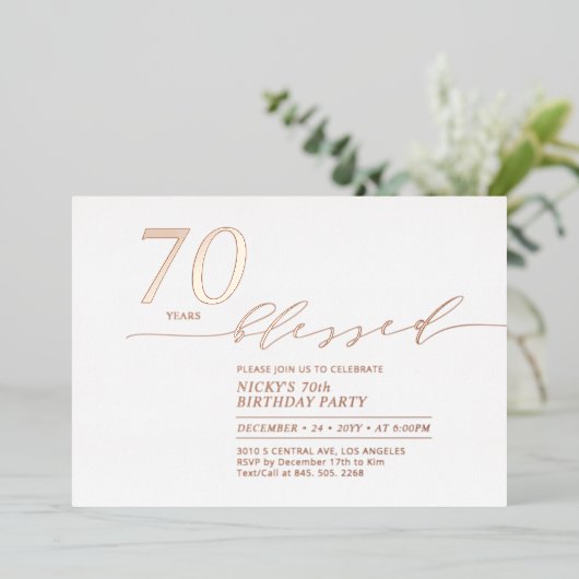 ローズゴールド箔 | 70周年 愛されて誕生日パーティー 箔招待状 (立ち正面)