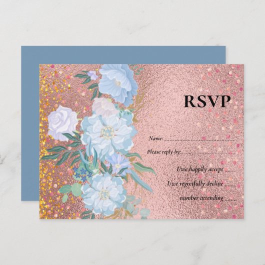 ローズゴールド金属グリッターフローラフォイルルック結婚ズ インビテーションポストカード (正面/裏面)