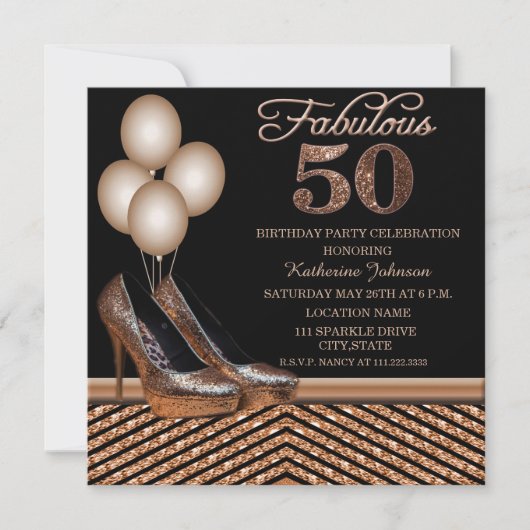 ローズゴールド50歳の誕生日パーティーの招待状 招待状 (正面)