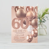 ローズゴールド60歳の誕生日ギラギラ輝く風船 招待状 (スタンド正面)