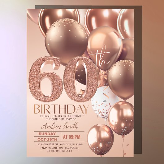 ローズゴールド60歳の誕生日ギラギラ輝く風船 招待状