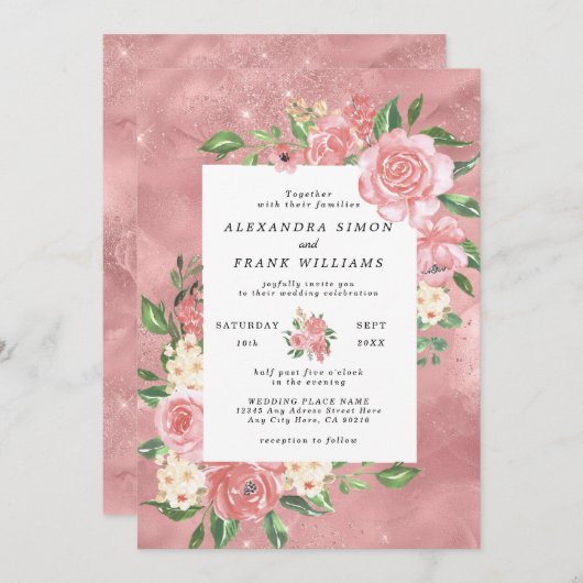 ローズゴールド ウォーターカラー ピンク ボタニカル フラワーのウェディング 招待状 (正面/裏面)