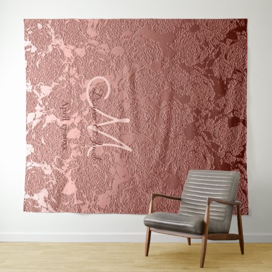 ローズゴールド エレガント モノグラム ウェディング フォトブース タペストリー (インサイチュ(横))