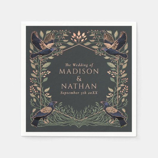 ローズゴールド エンチャンテッド ゴシック ラヴェン フローラル ウェディング スタンダードカクテルナプキン (正面)