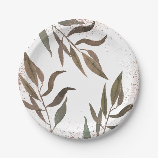 ローズゴールド カッパー ボタニカル グラム モダン ウェディング ペーパープレート (正面)