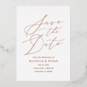 ローズゴールド カリグラフィー 写真付き Save the Date 箔招待状 (正面)